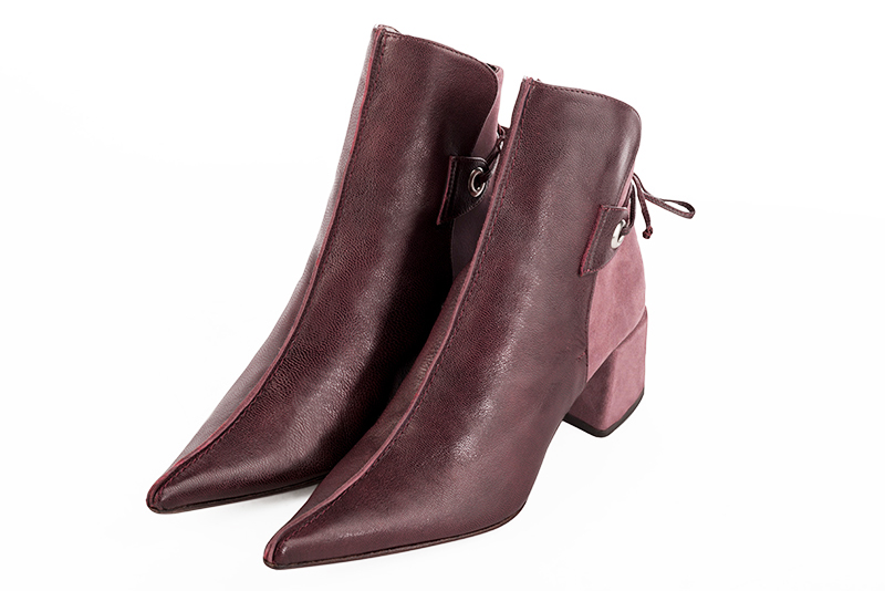 Women's wine red and dusty rose pink elegant ankle boots, with laces at the back. Pointed toe. Medium block heels - Front view